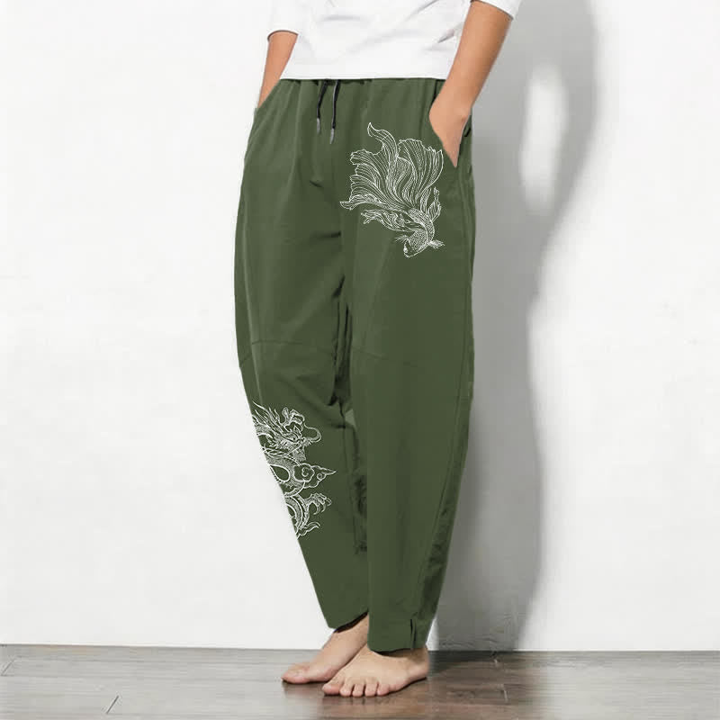 Nimara Ritual Pure Cotton Koi Dragon Pattern Drawstring Men's Tapered Pants With Pockets