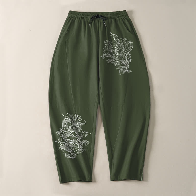 Nimara Ritual Pure Cotton Koi Dragon Pattern Drawstring Men's Tapered Pants With Pockets