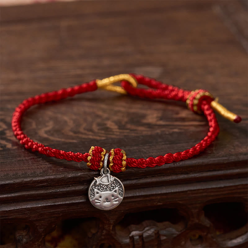 Nimara Ritual 925 Sterling Silver Kitten Eating Fish Round Pendant Prosperity Red Black String Braided Bracelet