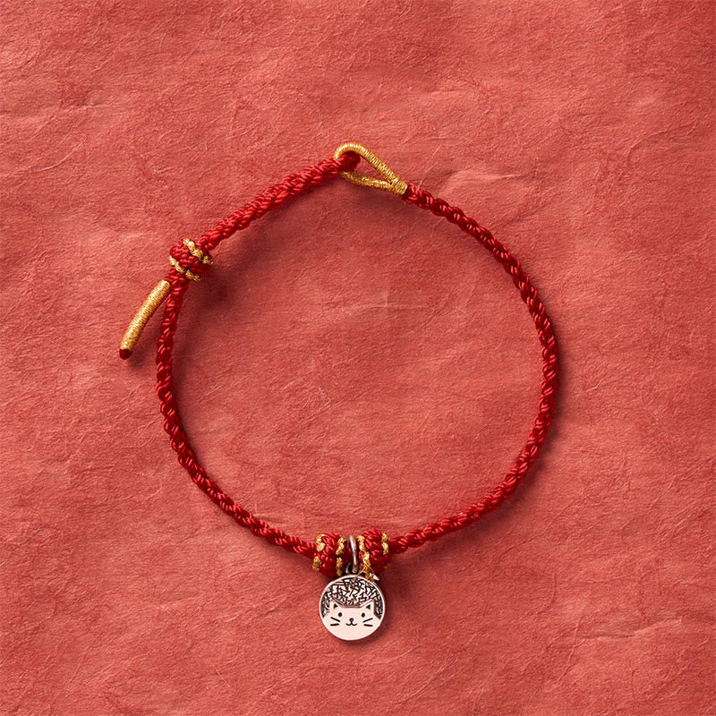 Nimara Ritual 925 Sterling Silver Kitten Eating Fish Round Pendant Prosperity Red Black String Braided Bracelet