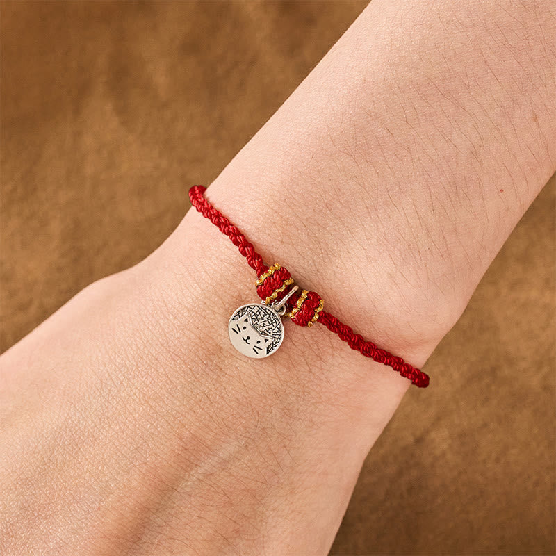 Nimara Ritual 925 Sterling Silver Kitten Eating Fish Round Pendant Prosperity Red Black String Braided Bracelet