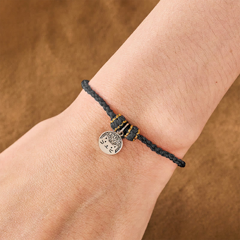 Nimara Ritual 925 Sterling Silver Kitten Eating Fish Round Pendant Prosperity Red Black String Braided Bracelet