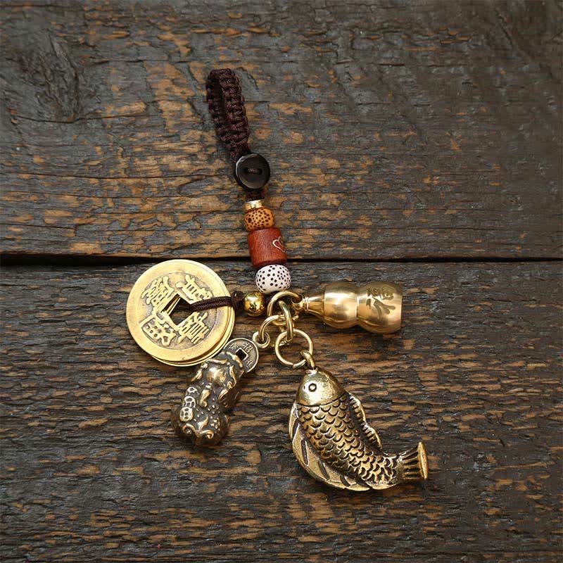 Nimara Ritual Brass Koi Fish Gourd Five Emperor Coins Wealth Braided Keychains
