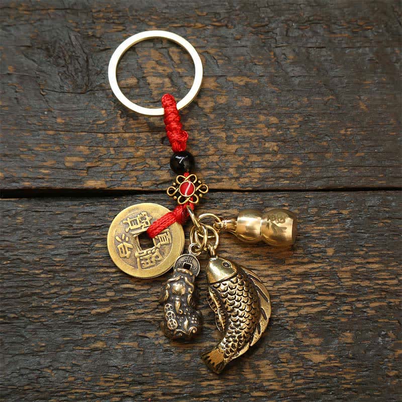Nimara Ritual Brass Koi Fish Gourd Five Emperor Coins Wealth Braided Keychains
