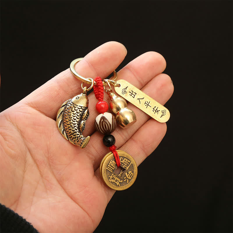 Nimara Ritual Brass Koi Fish Gourd Five Emperor Coins Wealth Braided Keychains