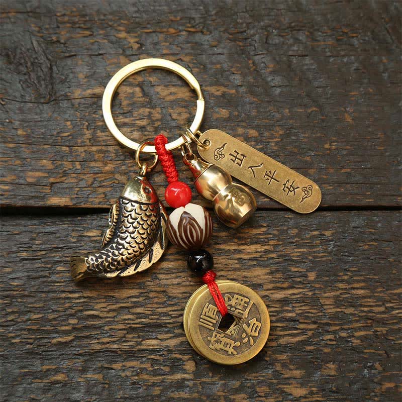 Nimara Ritual Brass Koi Fish Gourd Five Emperor Coins Wealth Braided Keychains