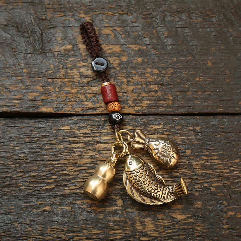 Nimara Ritual Brass Koi Fish Gourd Five Emperor Coins Wealth Braided Keychains