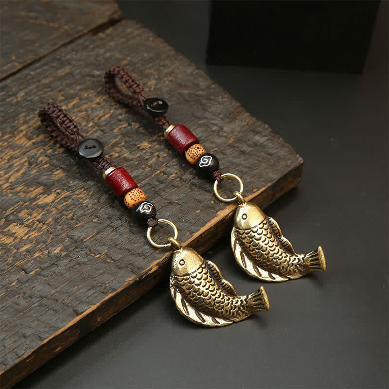 Nimara Ritual Brass Koi Fish Gourd Five Emperor Coins Wealth Braided Keychains