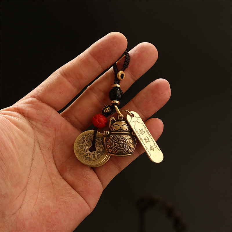 Nimara Ritual Brass Lucky Cat Chinese Coin Wealth Keychains