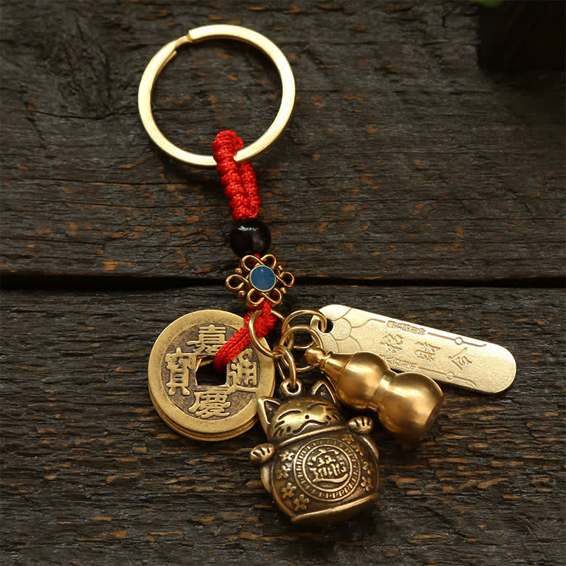 Nimara Ritual Brass Lucky Cat Chinese Coin Wealth Keychains