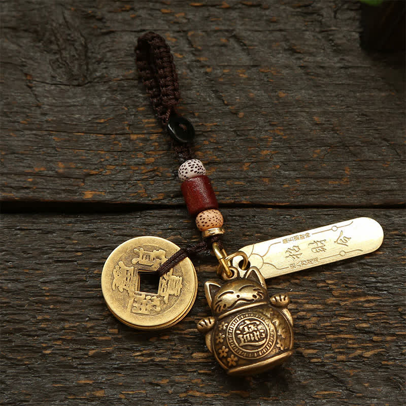 Nimara Ritual Brass Lucky Cat Chinese Coin Wealth Keychains