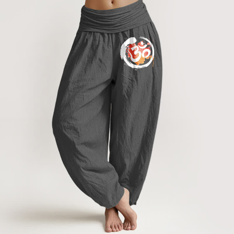 Nimara Ritual Pure Cotton Black Circle Red Symbol Pattern Women's Elastic Waist Harem Pants