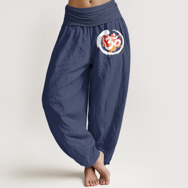 Nimara Ritual Pure Cotton Black Circle Red Symbol Pattern Women's Elastic Waist Harem Pants