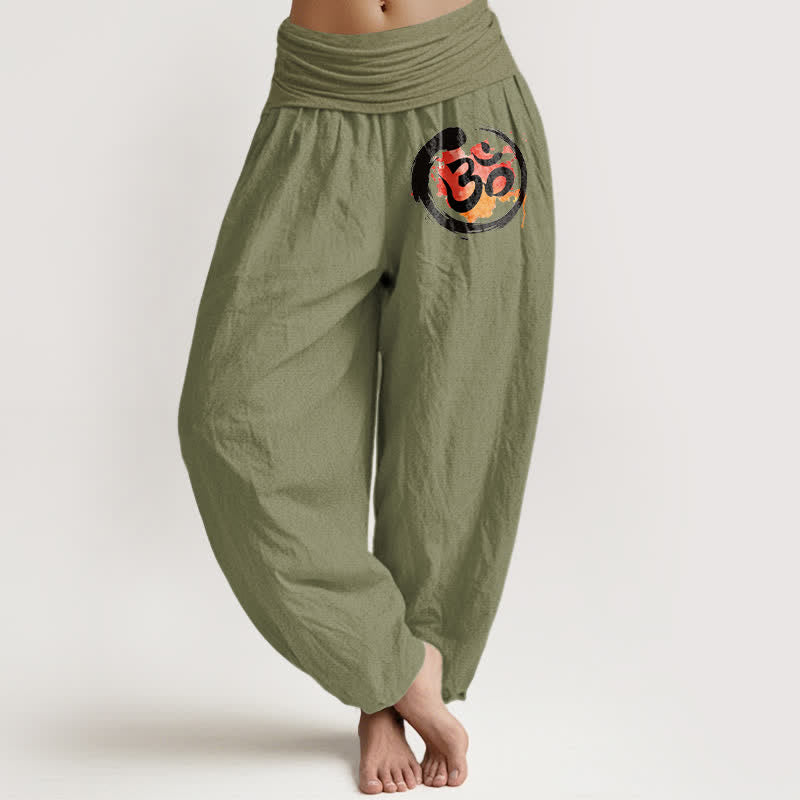 Nimara Ritual Pure Cotton Black Circle Red Symbol Pattern Women's Elastic Waist Harem Pants