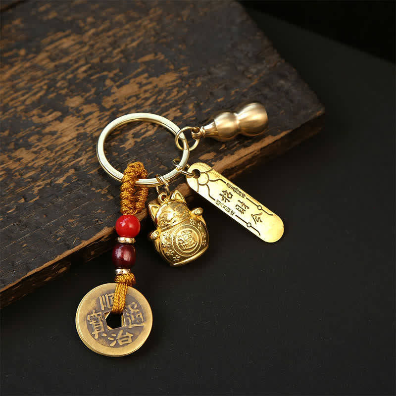 Nimara Ritual Copper Lucky Cat Chinese Coin Gourd Pi Xiu Braided Keychains