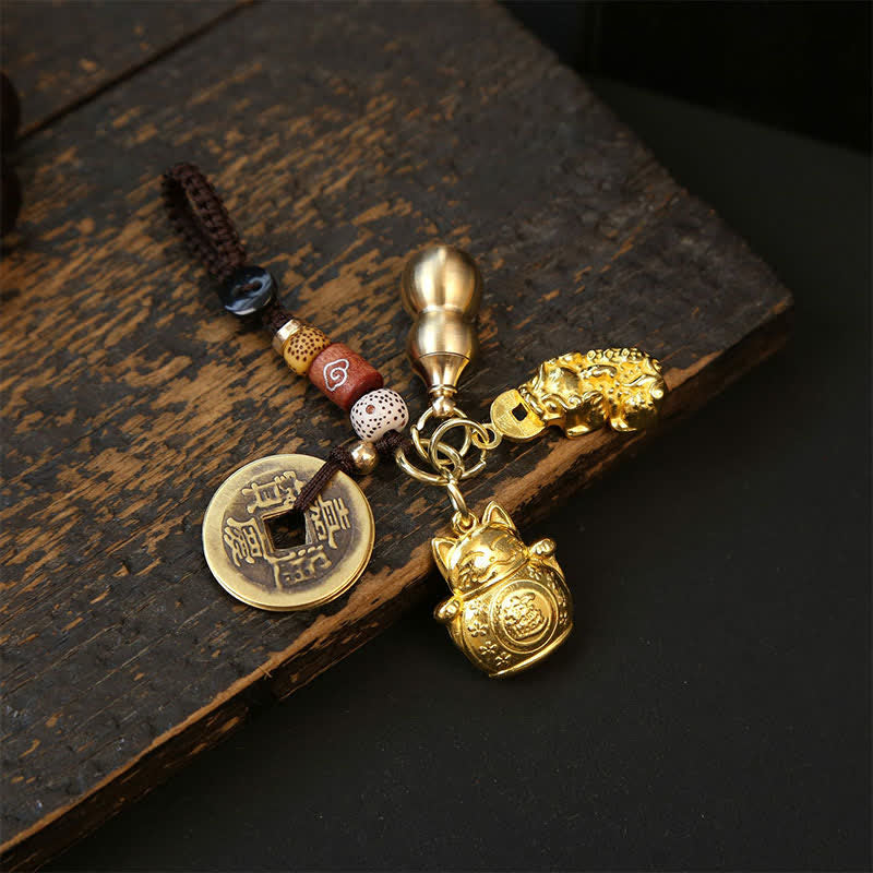 Nimara Ritual Copper Lucky Cat Chinese Coin Gourd Pi Xiu Braided Keychains
