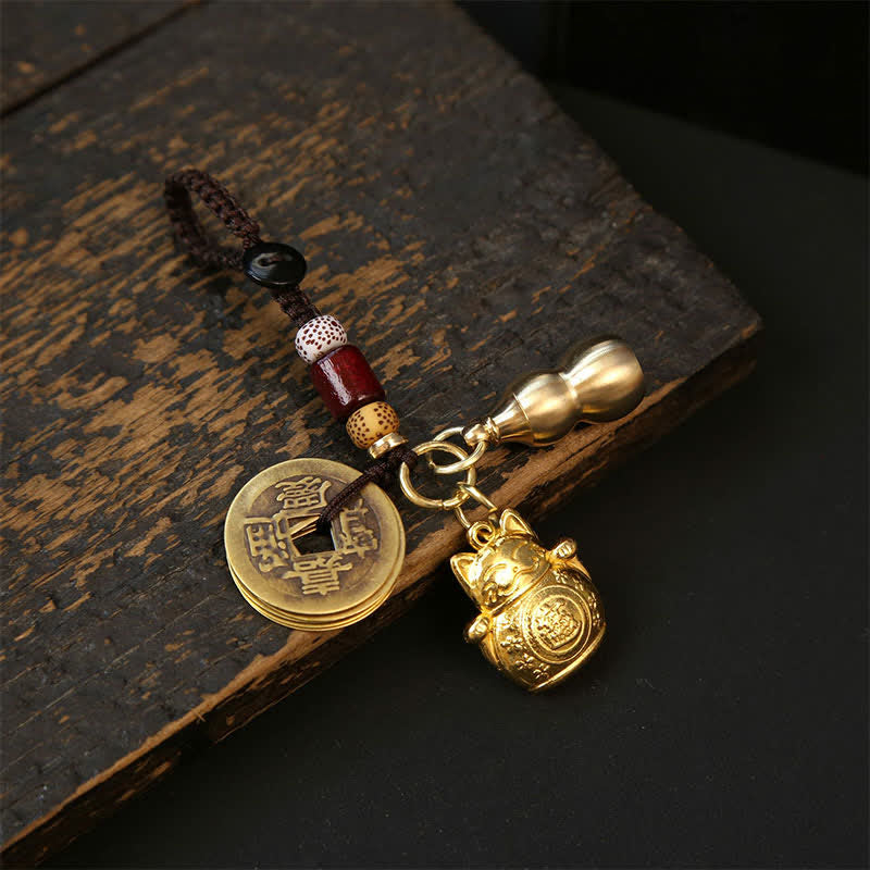 Nimara Ritual Copper Lucky Cat Chinese Coin Gourd Pi Xiu Braided Keychains