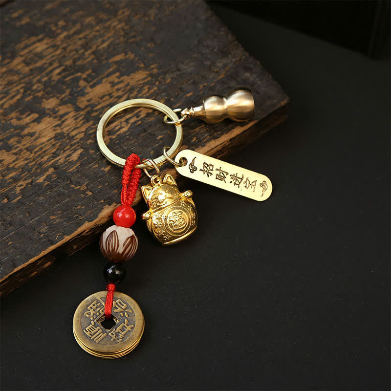 Nimara Ritual Copper Lucky Cat Chinese Coin Gourd Pi Xiu Braided Keychains