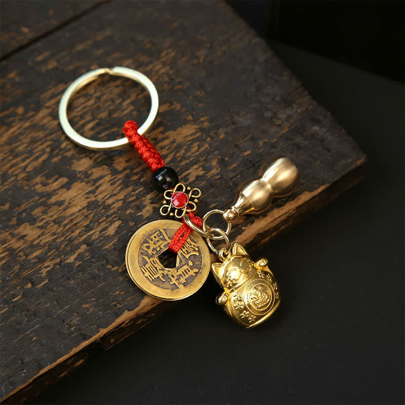 Nimara Ritual Copper Lucky Cat Chinese Coin Gourd Pi Xiu Braided Keychains