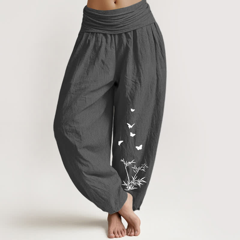 Nimara Ritual Pure Cotton Butterfly Bamboo Leaf Pattern Women's Elastic Waist Harem Pants