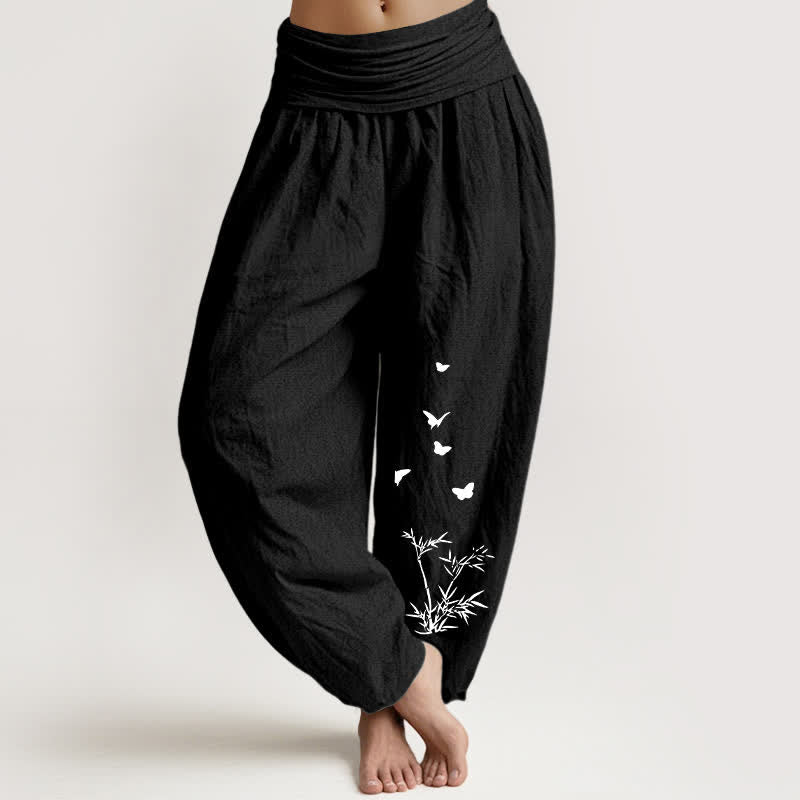Nimara Ritual Pure Cotton Butterfly Bamboo Leaf Pattern Women's Elastic Waist Harem Pants