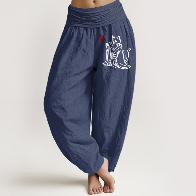 Nimara Ritual Pure Cotton Zen Cat Pattern Women's Elastic Waist Harem Pants