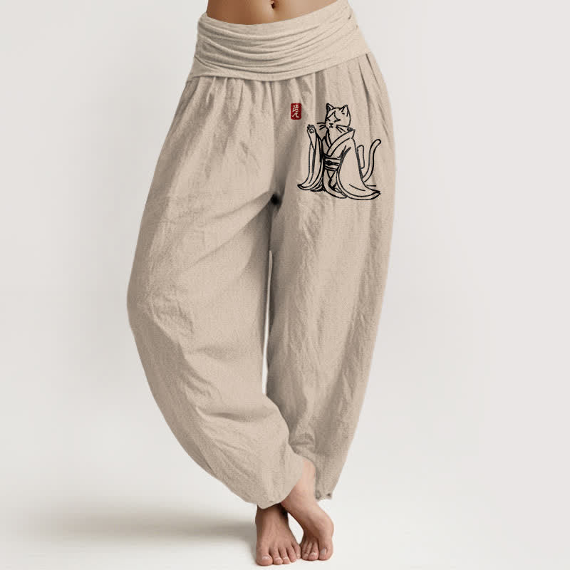 Nimara Ritual Pure Cotton Zen Cat Pattern Women's Elastic Waist Harem Pants