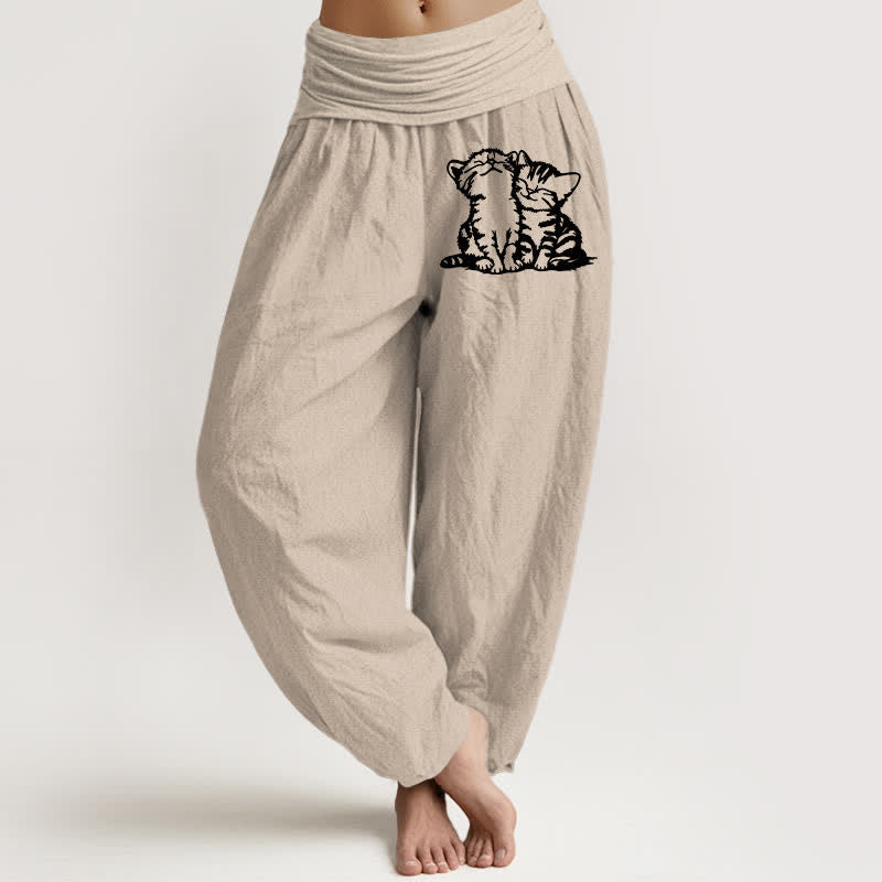 Nimara Ritual Pure Cotton White Cat Pattern Women's Elastic Waist Harem Pants