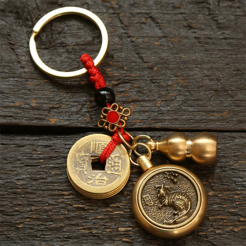 Nimara Ritual Copper Chinese Zodiac Five Emperor Coins Red String Wealth Keychains