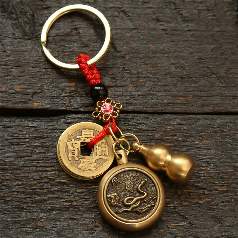 Nimara Ritual Copper Chinese Zodiac Five Emperor Coins Red String Wealth Keychains