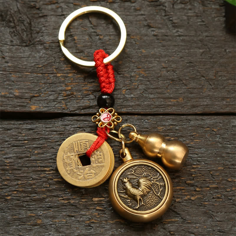 Nimara Ritual Copper Chinese Zodiac Five Emperor Coins Red String Wealth Keychains