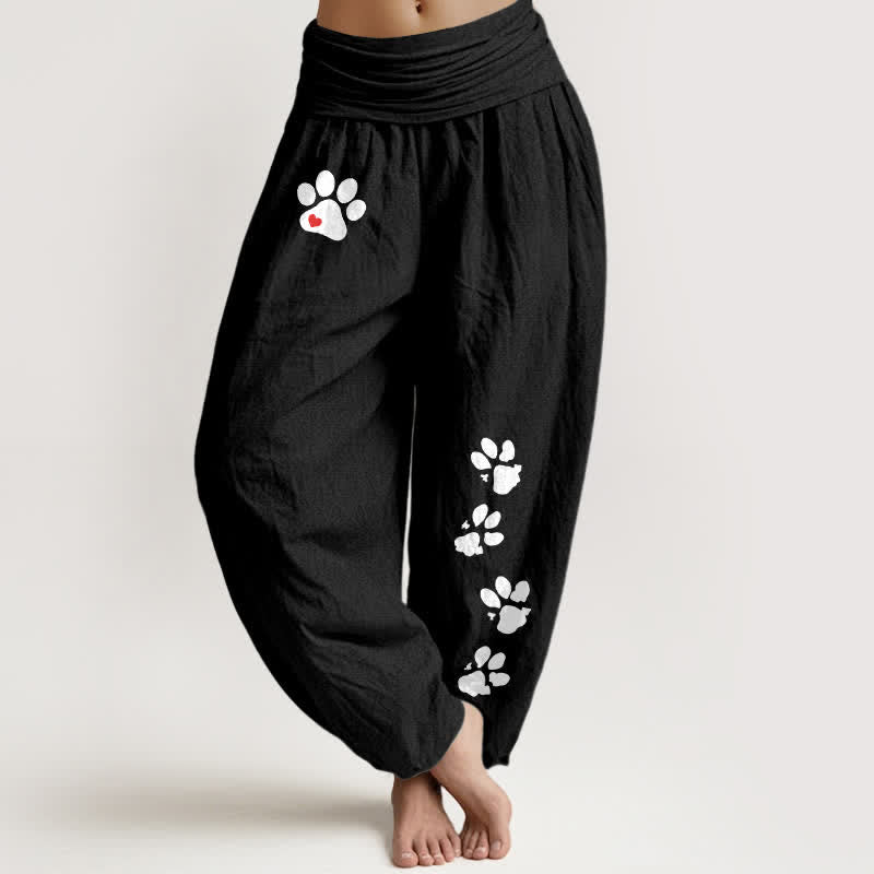 Nimara Ritual Pure Cotton White Paw Print Pattern Women's Elastic Waist Harem Pants