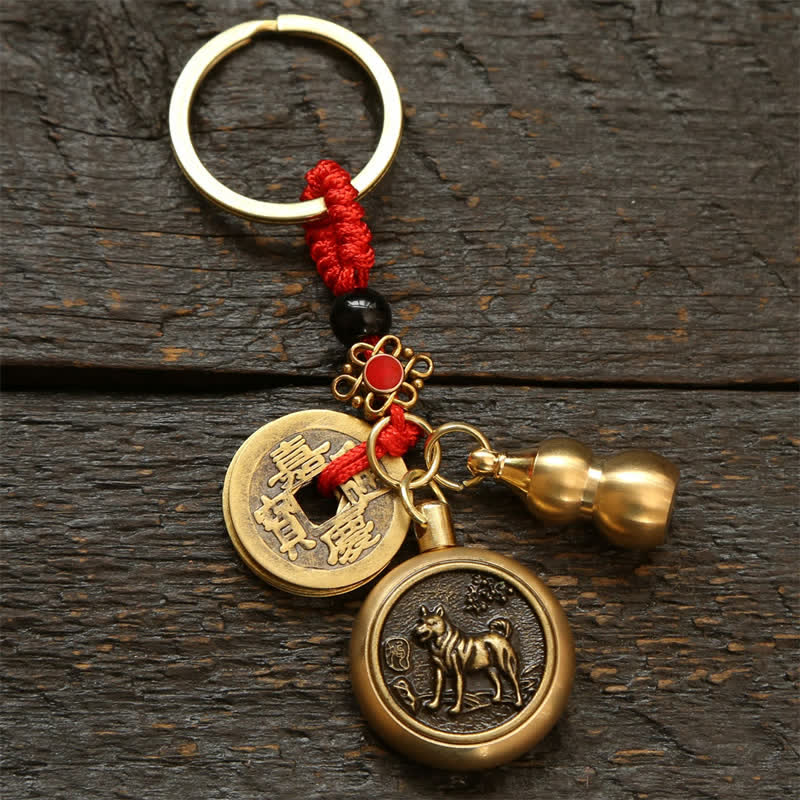 Nimara Ritual Copper Chinese Zodiac Five Emperor Coins Red String Wealth Keychains