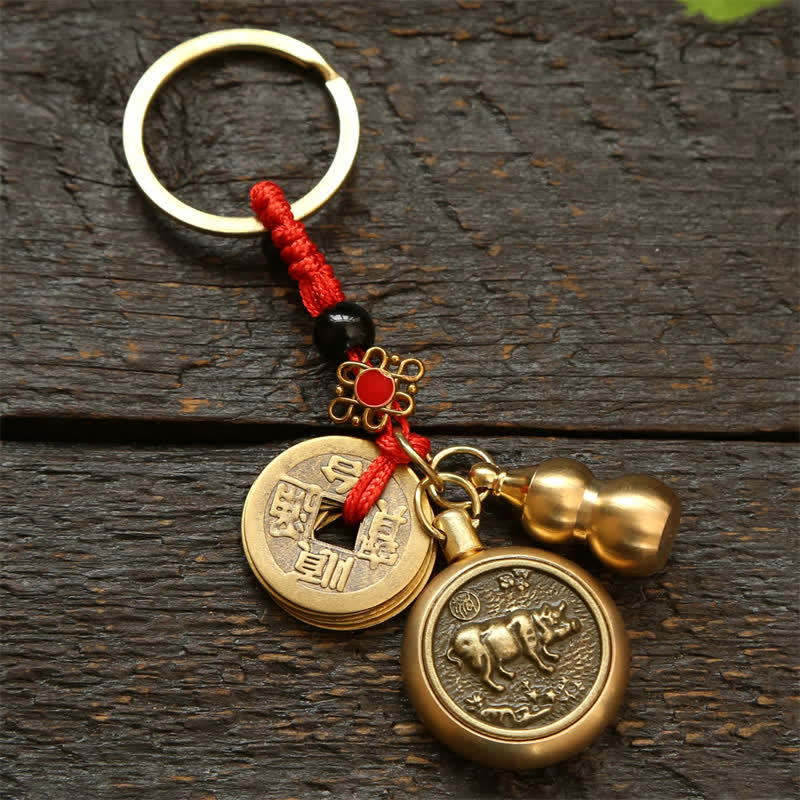 Nimara Ritual Copper Chinese Zodiac Five Emperor Coins Red String Wealth Keychains