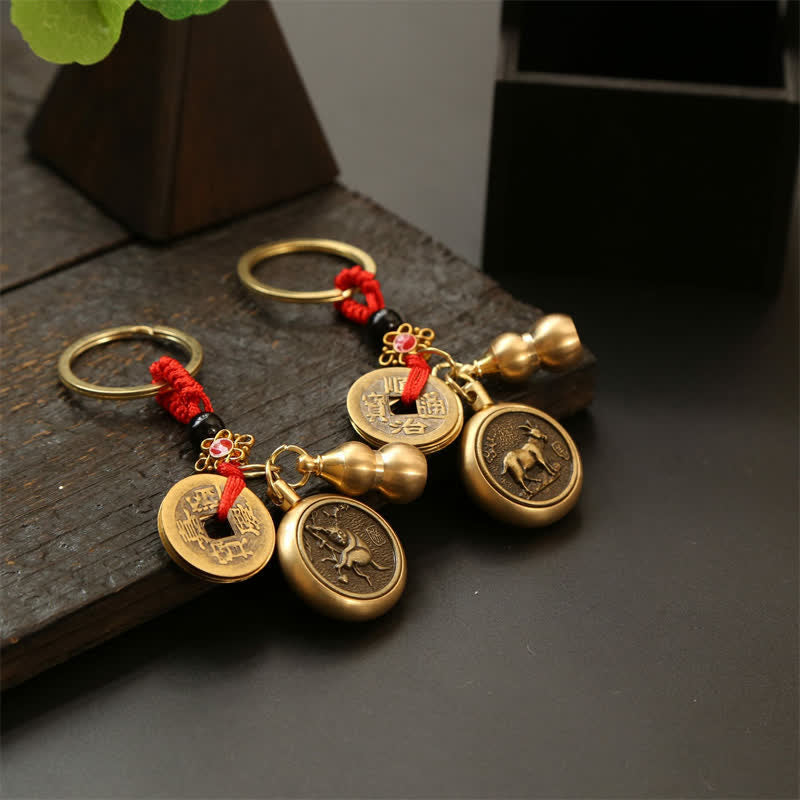 Nimara Ritual Copper Chinese Zodiac Five Emperor Coins Red String Wealth Keychains