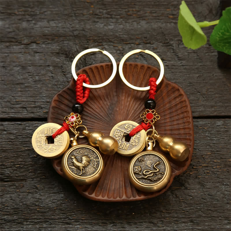 Nimara Ritual Copper Chinese Zodiac Five Emperor Coins Red String Wealth Keychains