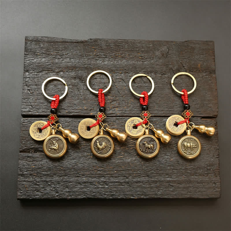 Nimara Ritual Copper Chinese Zodiac Five Emperor Coins Red String Wealth Keychains