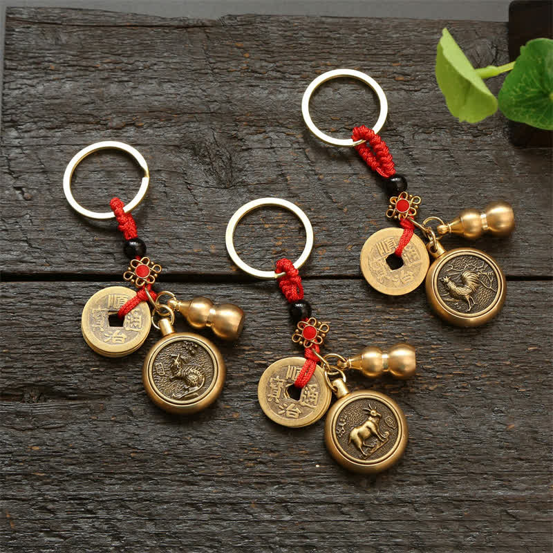 Nimara Ritual Copper Chinese Zodiac Five Emperor Coins Red String Wealth Keychains