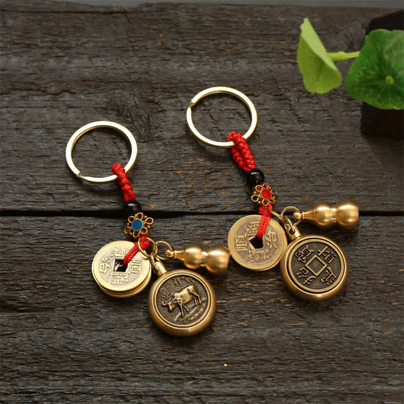 Nimara Ritual Copper Chinese Zodiac Five Emperor Coins Red String Wealth Keychains
