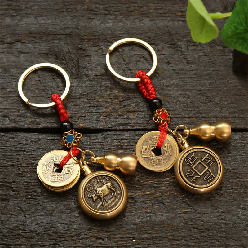 Nimara Ritual Copper Chinese Zodiac Five Emperor Coins Red String Wealth Keychains