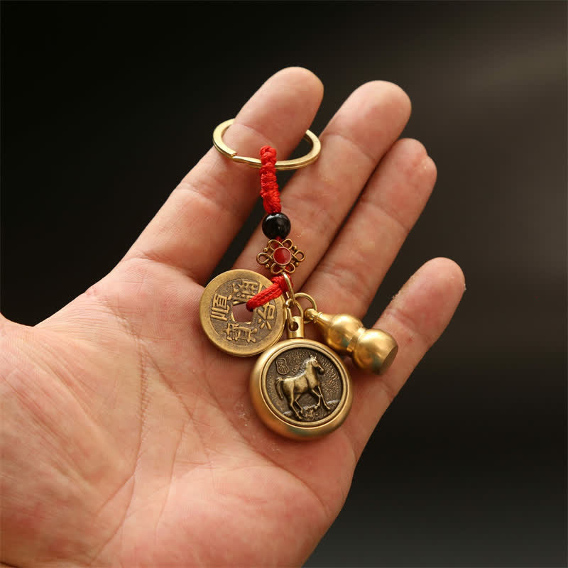 Nimara Ritual Copper Chinese Zodiac Five Emperor Coins Red String Wealth Keychains