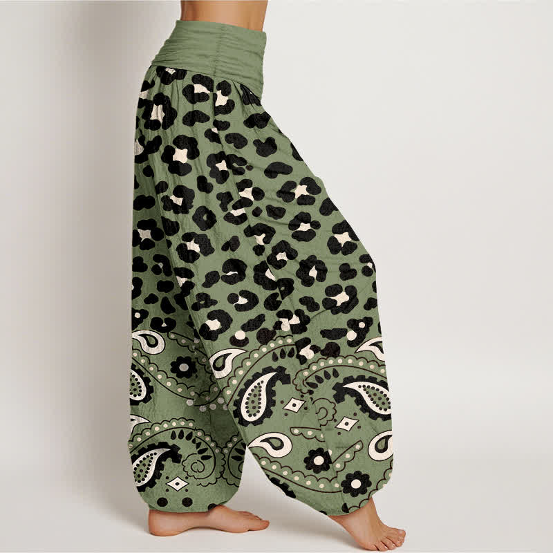 Nimara Ritual Cotton Olive Leopard Paisley Pattern Women's Elastic Waist Harem Pants