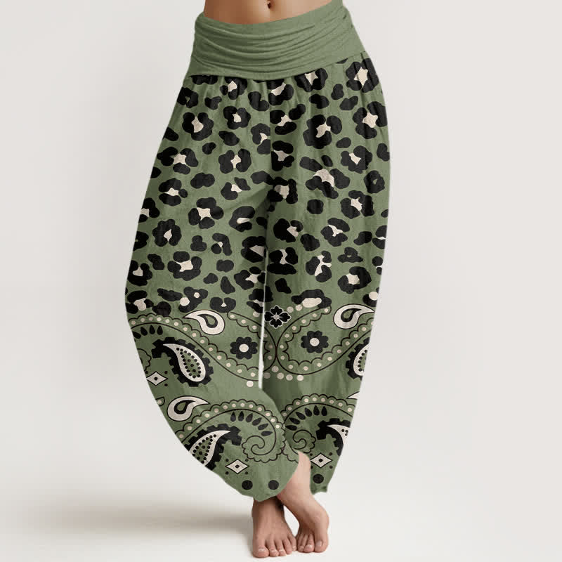 Nimara Ritual Cotton Olive Leopard Paisley Pattern Women's Elastic Waist Harem Pants