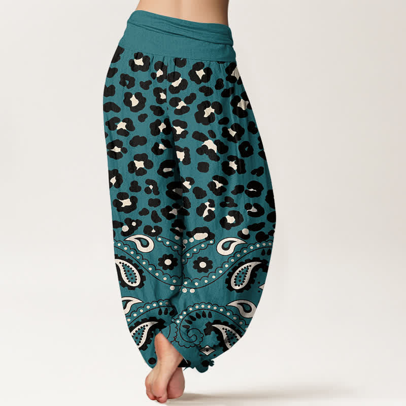 Nimara Ritual Cotton Olive Leopard Paisley Pattern Women's Elastic Waist Harem Pants