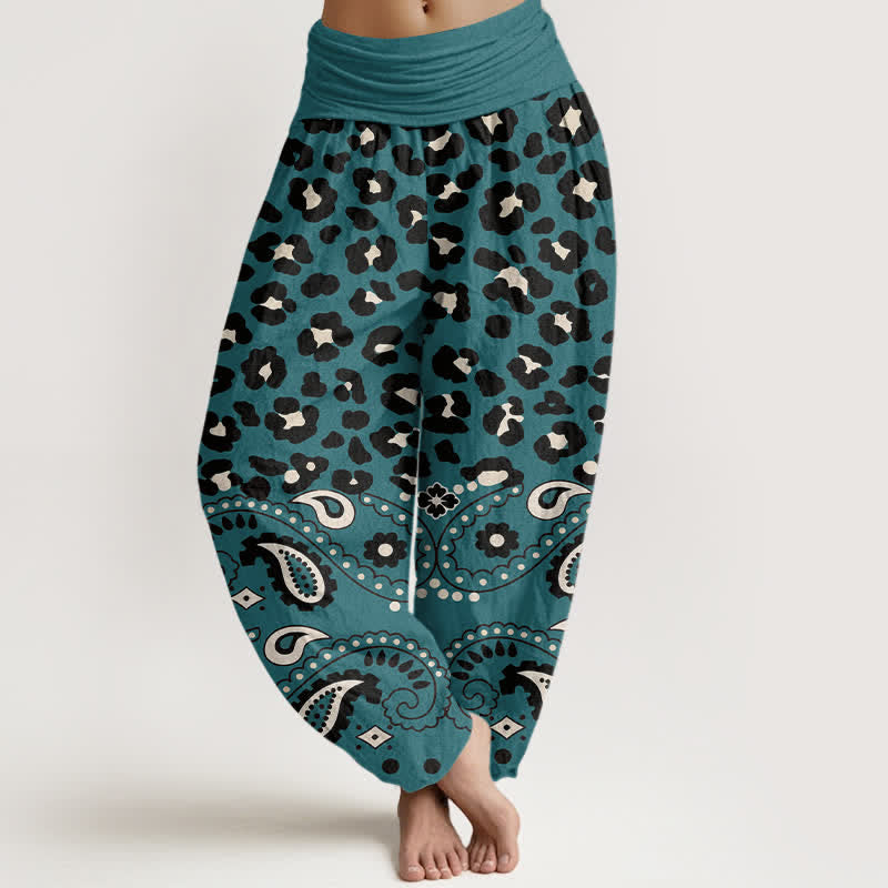 Nimara Ritual Cotton Olive Leopard Paisley Pattern Women's Elastic Waist Harem Pants