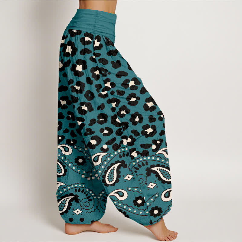 Nimara Ritual Cotton Olive Leopard Paisley Pattern Women's Elastic Waist Harem Pants