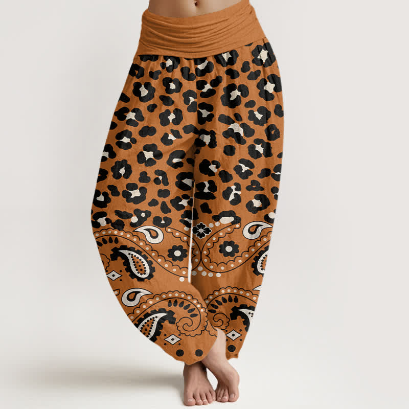 Nimara Ritual Cotton Olive Leopard Paisley Pattern Women's Elastic Waist Harem Pants