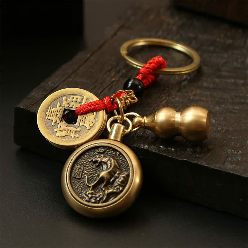 Nimara Ritual Copper Chinese Zodiac Five Emperor Coins Red String Wealth Keychains