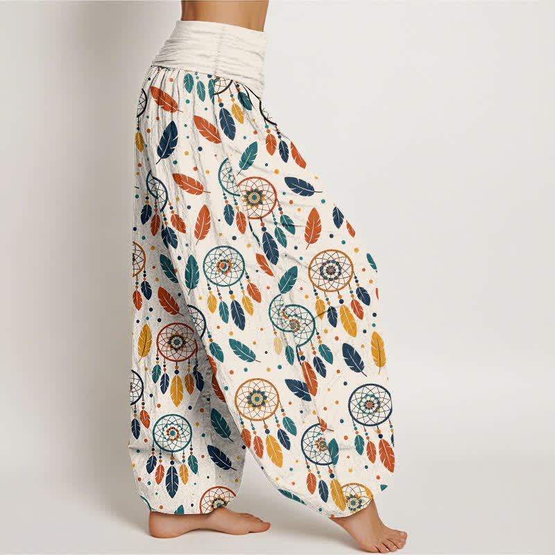 Nimara Ritual Cotton Dreamcatcher Feather Pattern Women's Elastic Waist Harem Pants