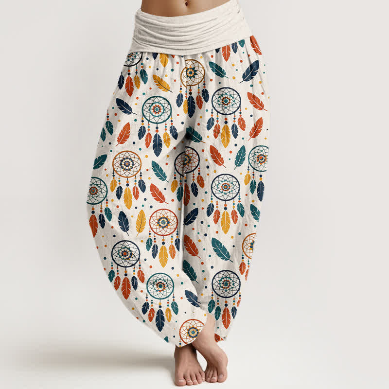 Nimara Ritual Cotton Dreamcatcher Feather Pattern Women's Elastic Waist Harem Pants